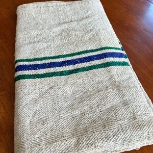 Beige Vintage Grain Sack with Green and Blue Stripes